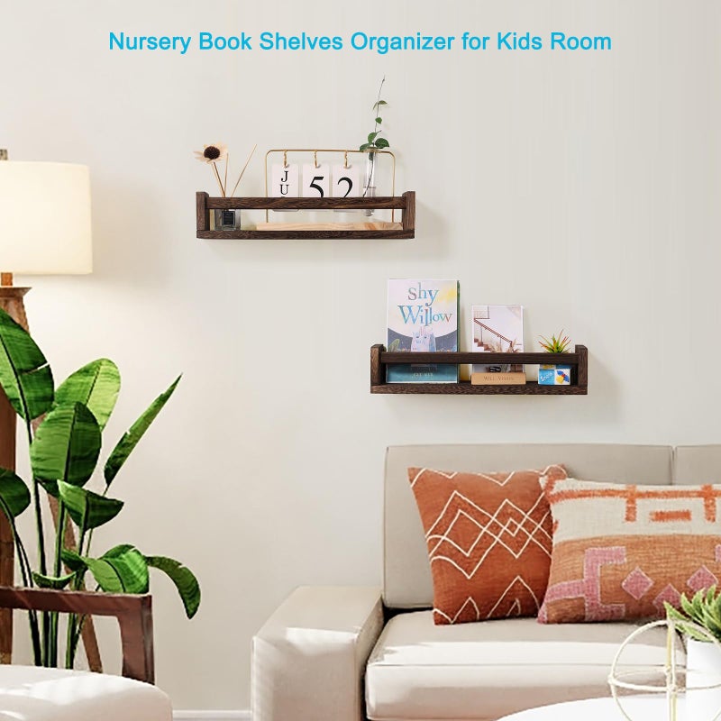 JORIKCHUO Nursery Book Shelves, Set of 2 Wood Floating Book Shelves for Kids Room, Kitchen Spice Rack, or Rustic Wall Mounted Shelves for Farmhouse Bathroom DÃ©cor (Carbon Brown) - Image 2